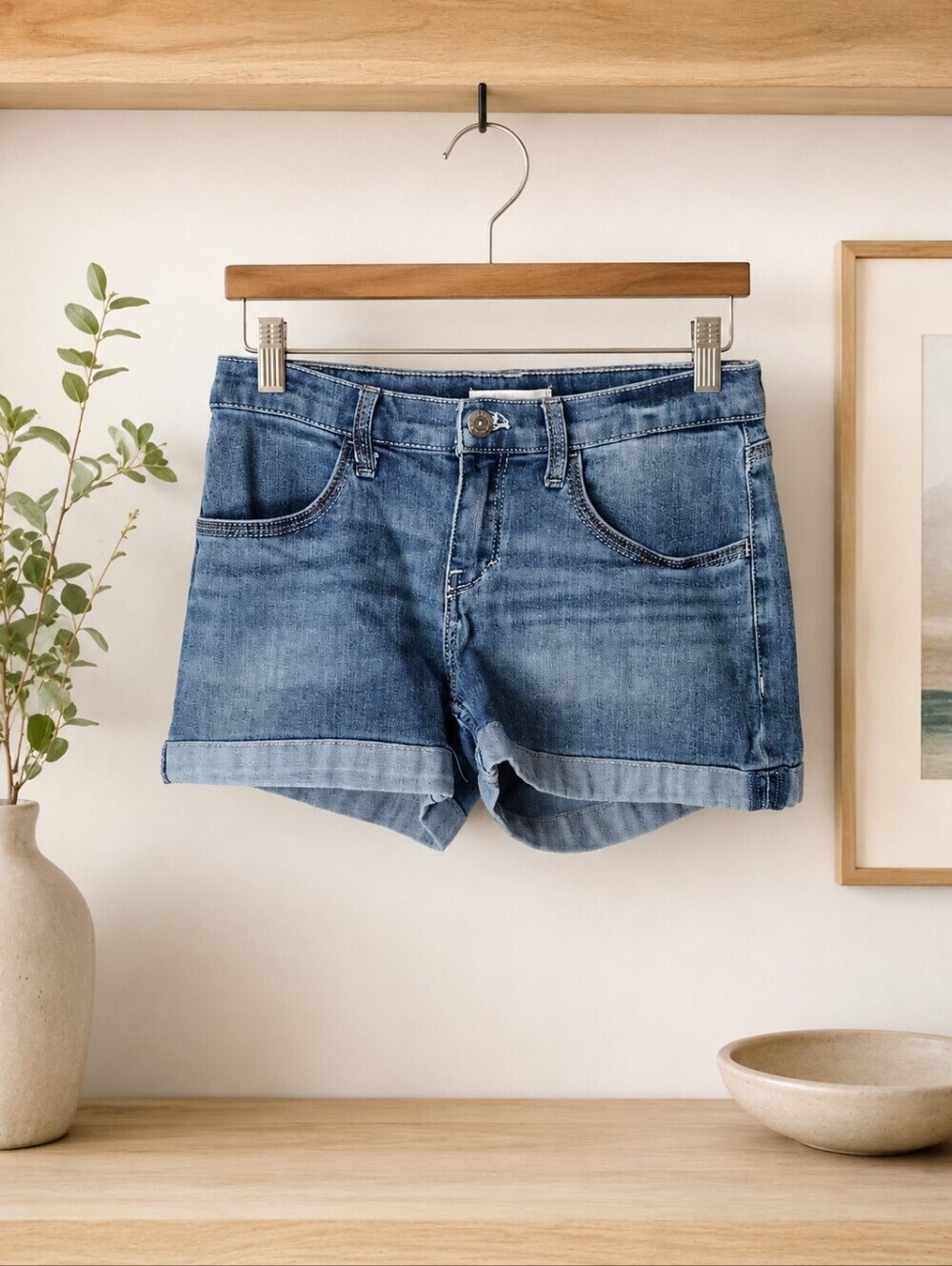 Levi's Girls Shorty Short Denim Shorts Size 16 Regular Blue Stretch Cuffed
